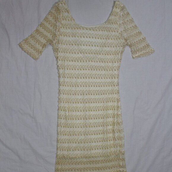 Hello Miss Gold Dress Size L BodyCon Lace Arms Deep Scoop Back - Picture 1 of 6